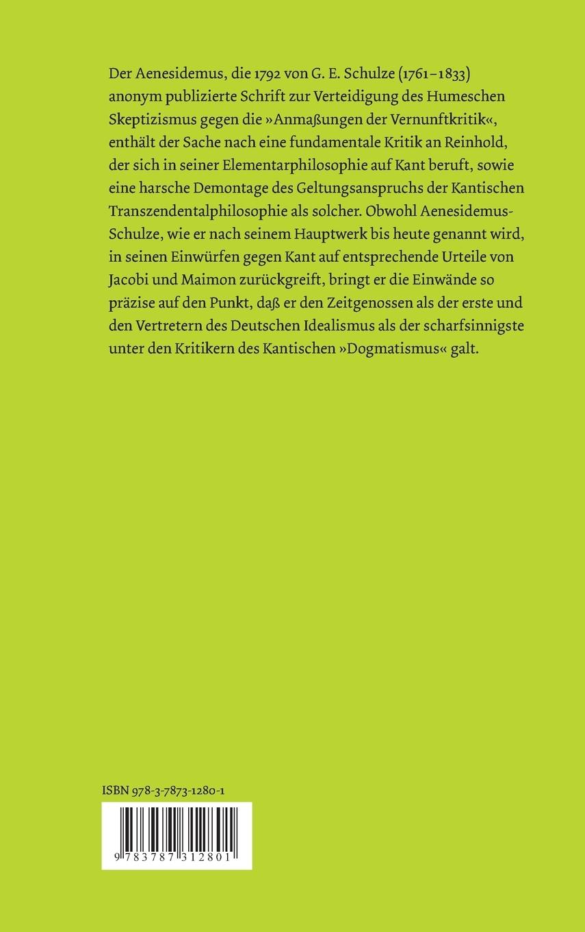 Rückseitencover Aenesidemus oder über die Fundamente der von Herrn Professor Reinhold in Jena gelieferten Elementar-Philosophie