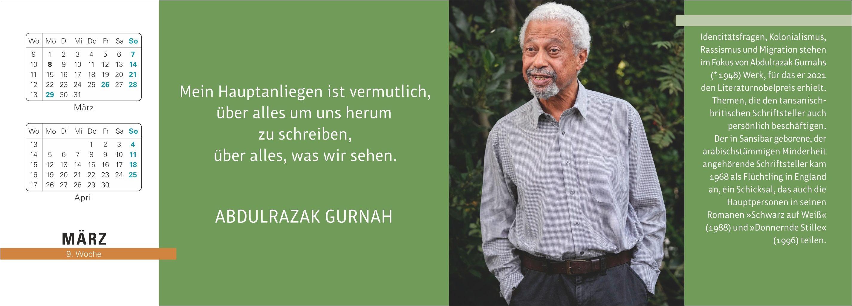 Beispielinhalt (Bild) Der literarische Premium-Tischplaner 2027 - Wochenkalender mit Zitaten und Biografien ausgewählter Autorinnen und Autoren