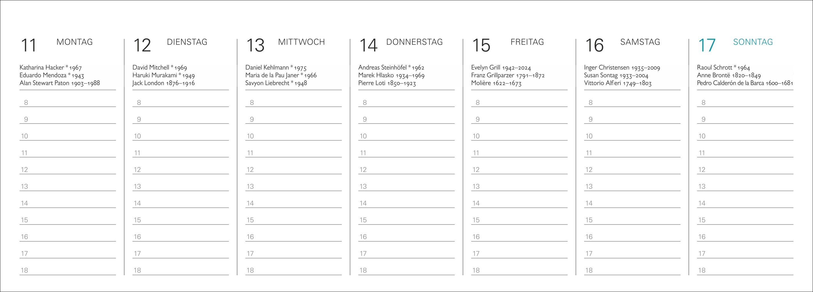Beispielinhalt (Bild) Der literarische Premium-Tischplaner 2027 - Wochenkalender mit Zitaten und Biografien ausgewählter Autorinnen und Autoren