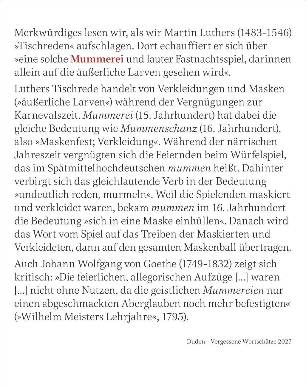 Beispielinhalt (Bild) Duden Vergessene Wortschätze Tagesabreißkalender 2027