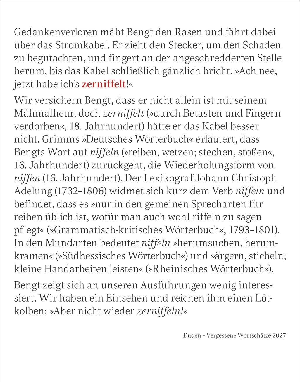 Beispielinhalt (Bild) Duden Vergessene Wortschätze Tagesabreißkalender 2027