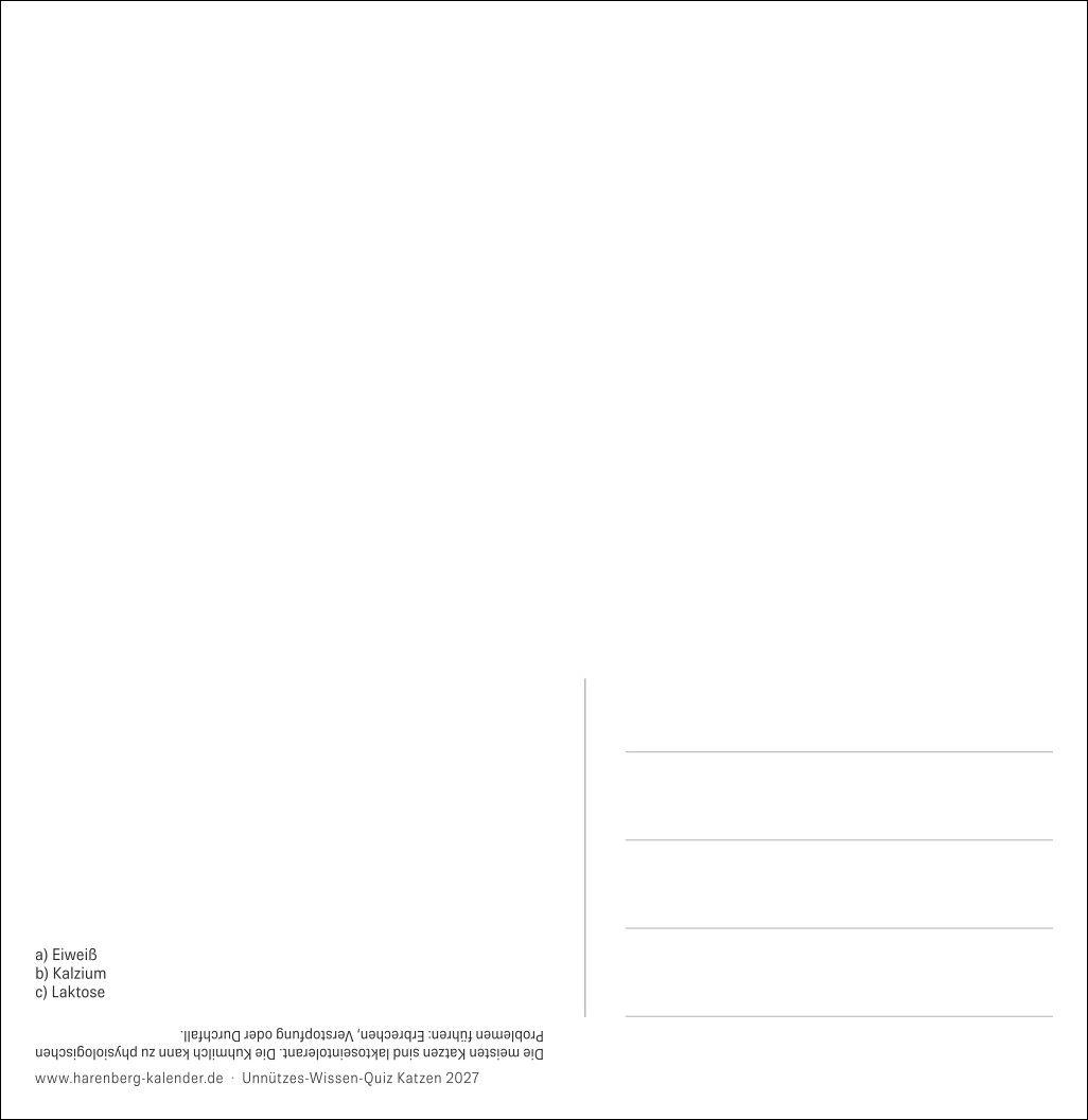 Beispielinhalt (Bild) Unnützes-Wissen-Quiz Katzen Premium-Postkartenkalender 2027 - Kalender mit 53 Rätselkarten