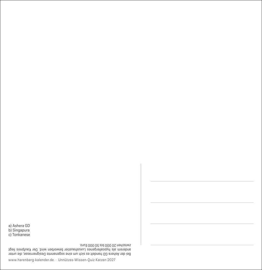 Beispielinhalt (Bild) Unnützes-Wissen-Quiz Katzen Premium-Postkartenkalender 2027 - Kalender mit 53 Rätselkarten