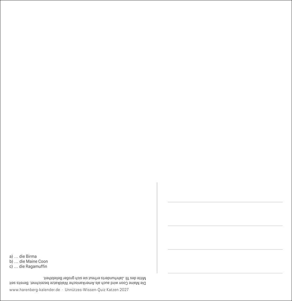 Beispielinhalt (Bild) Unnützes-Wissen-Quiz Katzen Premium-Postkartenkalender 2027 - Kalender mit 53 Rätselkarten