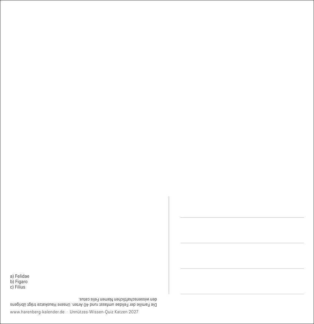 Beispielinhalt (Bild) Unnützes-Wissen-Quiz Katzen Premium-Postkartenkalender 2027 - Kalender mit 53 Rätselkarten