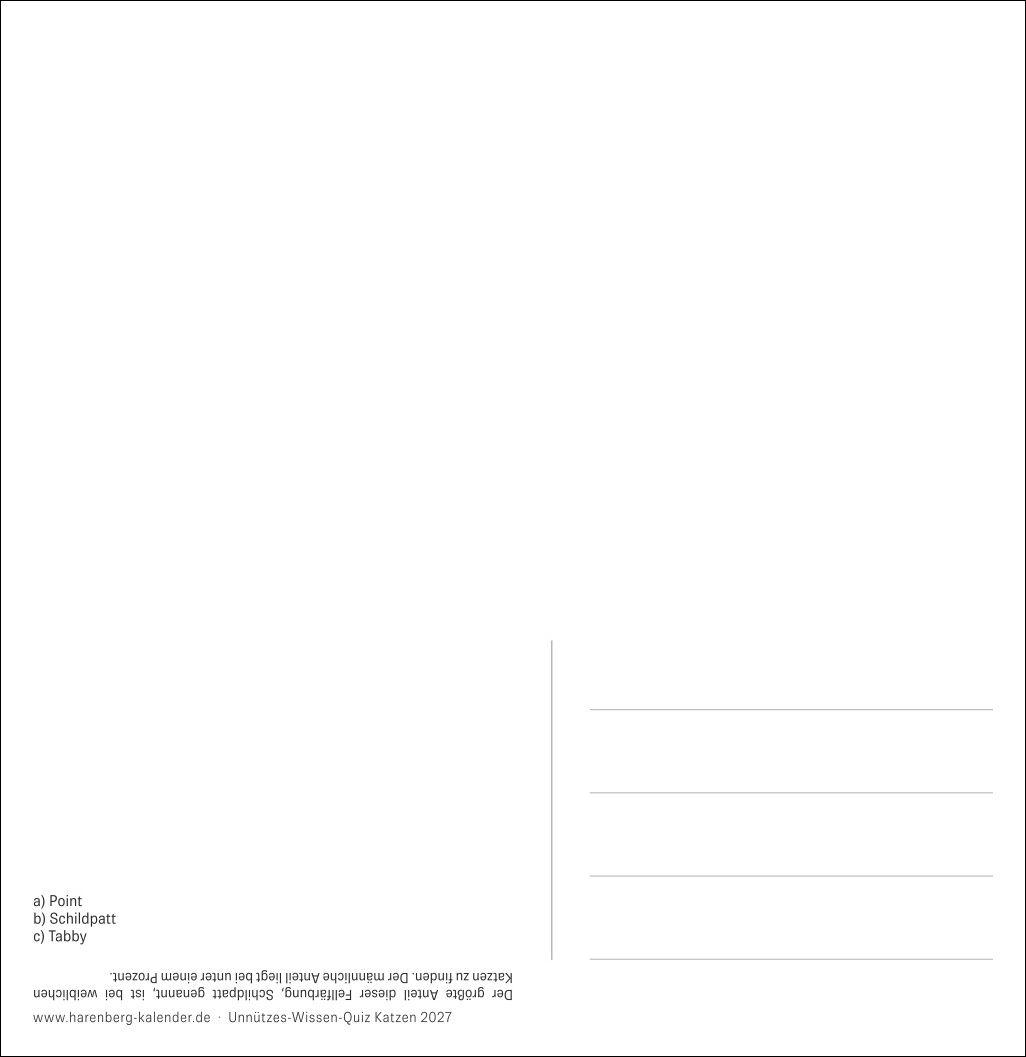 Beispielinhalt (Bild) Unnützes-Wissen-Quiz Katzen Premium-Postkartenkalender 2027 - Kalender mit 53 Rätselkarten