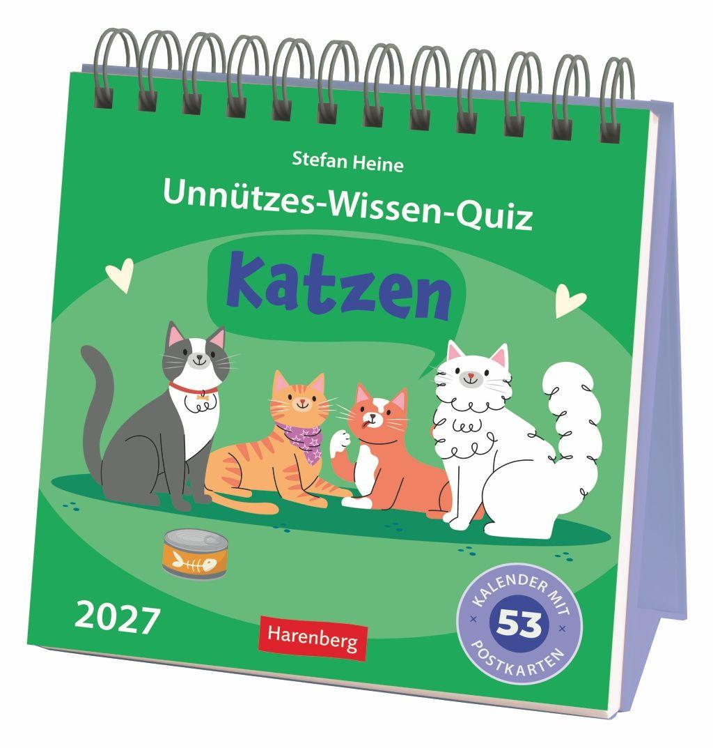 Vorderes Coverbild Unnützes-Wissen-Quiz Katzen Premium-Postkartenkalender 2027 - Kalender mit 53 Rätselkarten