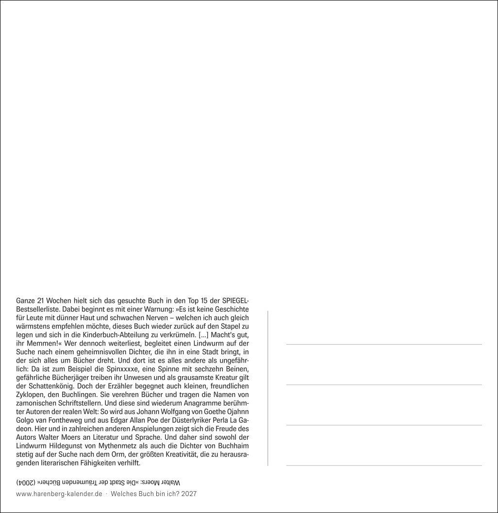 Beispielinhalt (Bild) Welches Buch bin ich? Premium-Postkartenkalender 2027 - Literarischer Rätselkalender