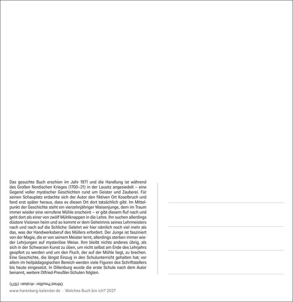 Beispielinhalt (Bild) Welches Buch bin ich? Premium-Postkartenkalender 2027 - Literarischer Rätselkalender