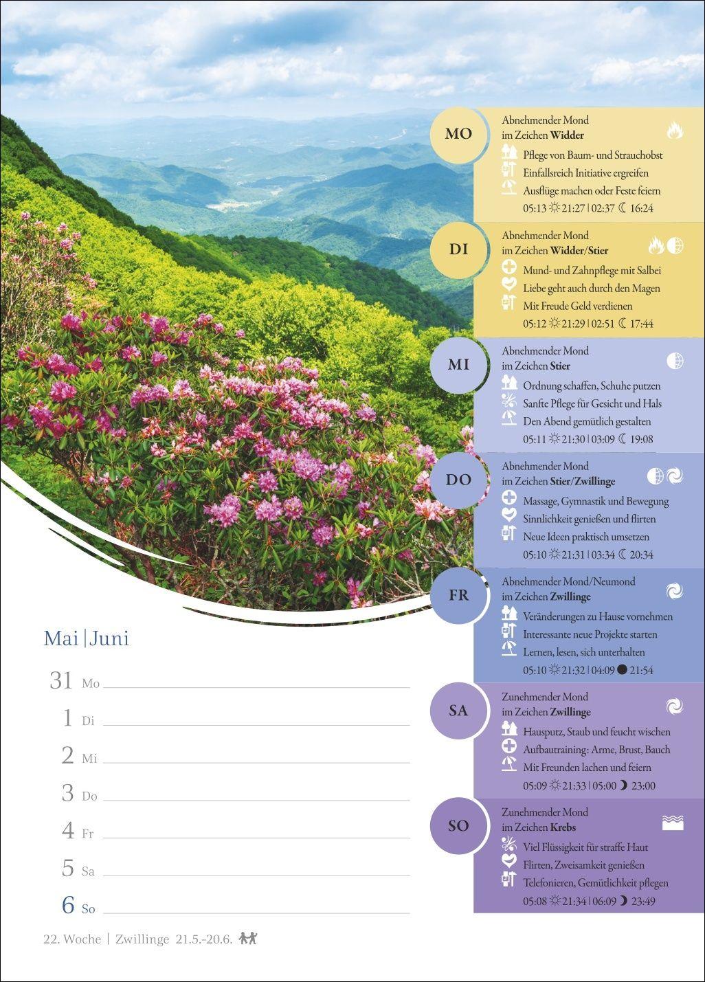 Beispielinhalt (Bild) Mondkalender Wochenkalender 2027 - 53 Wochenblätter mit praktischen Tipps für jeden Tag