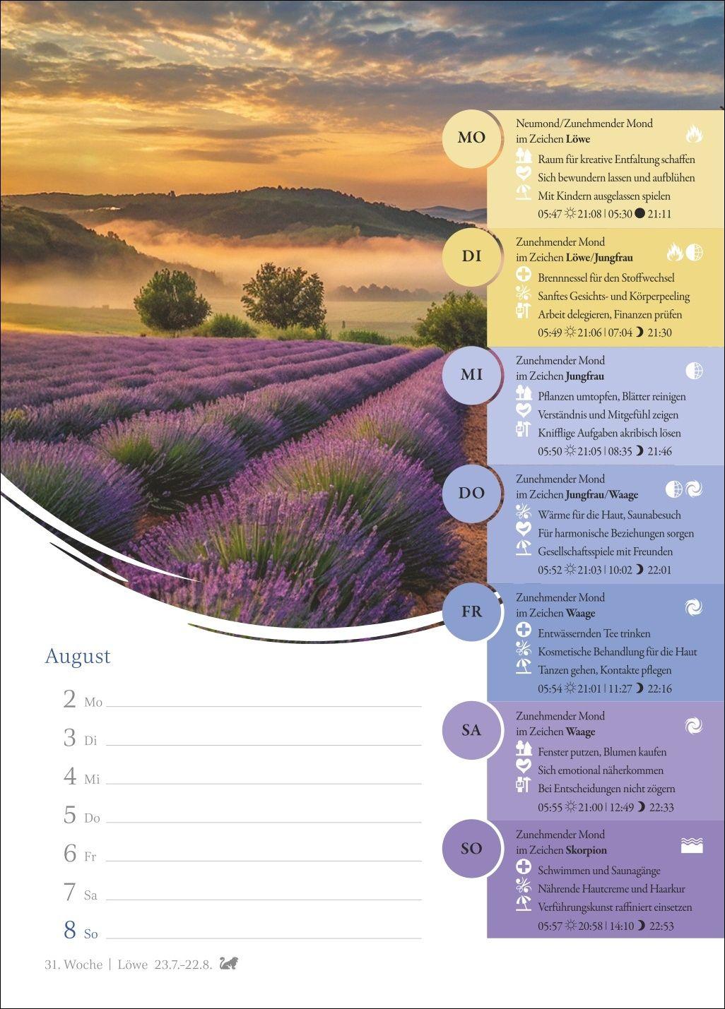 Beispielinhalt (Bild) Mondkalender Wochenkalender 2027 - 53 Wochenblätter mit praktischen Tipps für jeden Tag