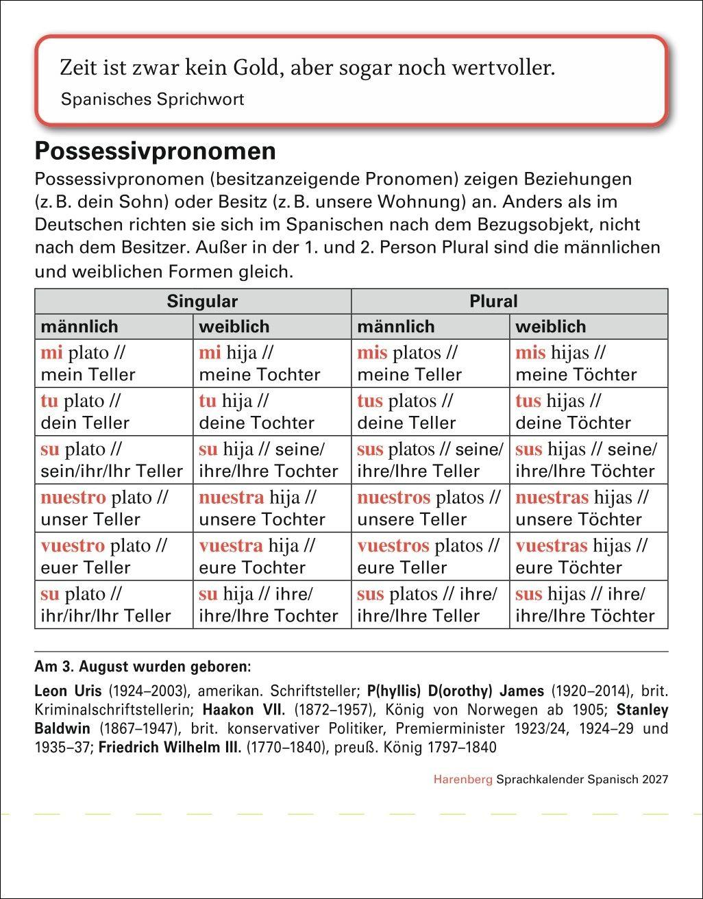 Beispielinhalt (Bild) Spanisch Sprachkalender 2027 - Spanisch lernen leicht gemacht - Tagesabreißkalender