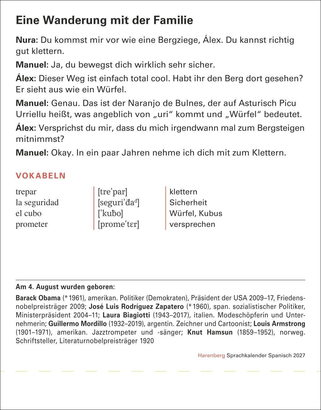 Beispielinhalt (Bild) Spanisch Sprachkalender 2027 - Spanisch lernen leicht gemacht - Tagesabreißkalender