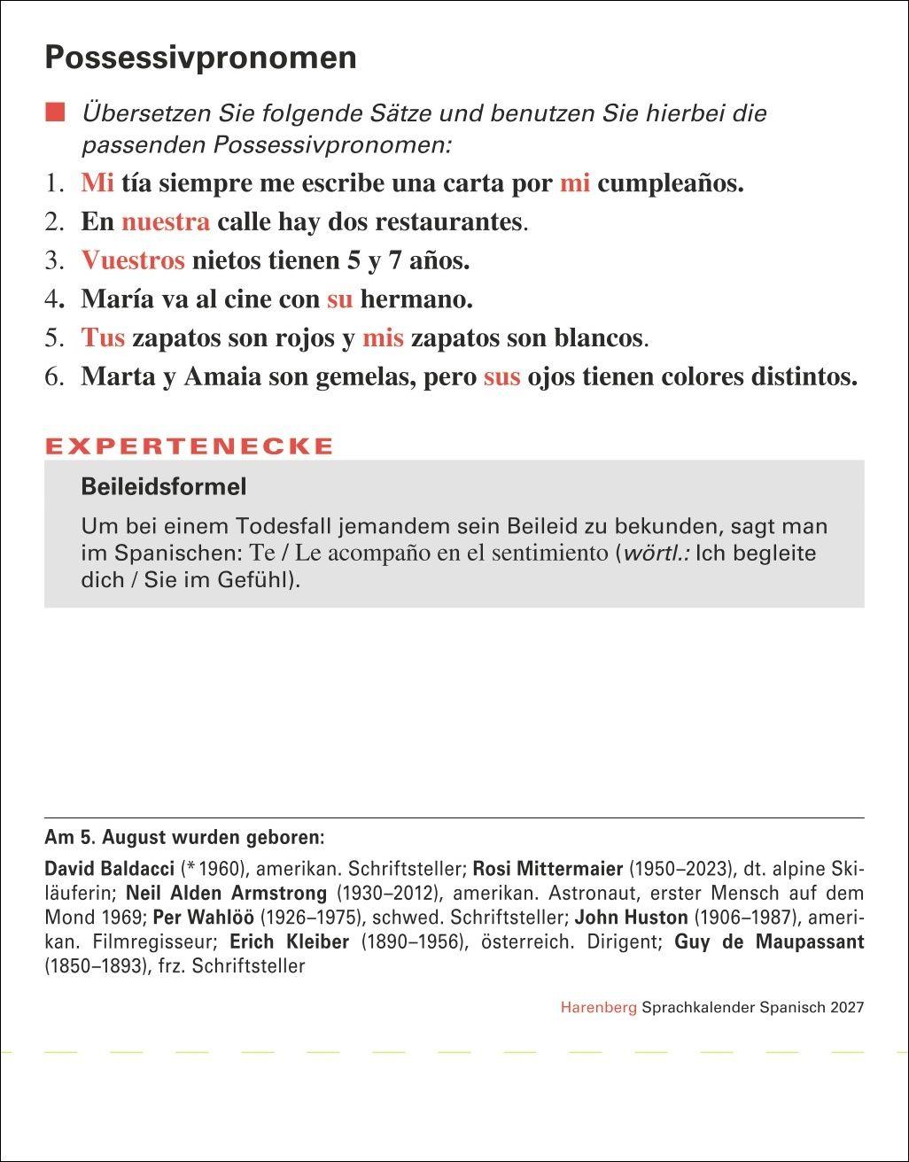 Beispielinhalt (Bild) Spanisch Sprachkalender 2027 - Spanisch lernen leicht gemacht - Tagesabreißkalender
