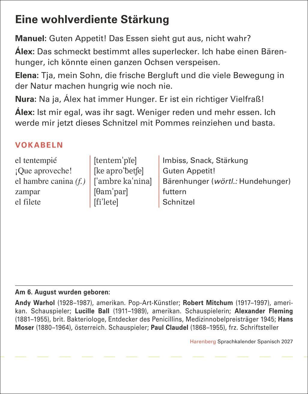 Beispielinhalt (Bild) Spanisch Sprachkalender 2027 - Spanisch lernen leicht gemacht - Tagesabreißkalender