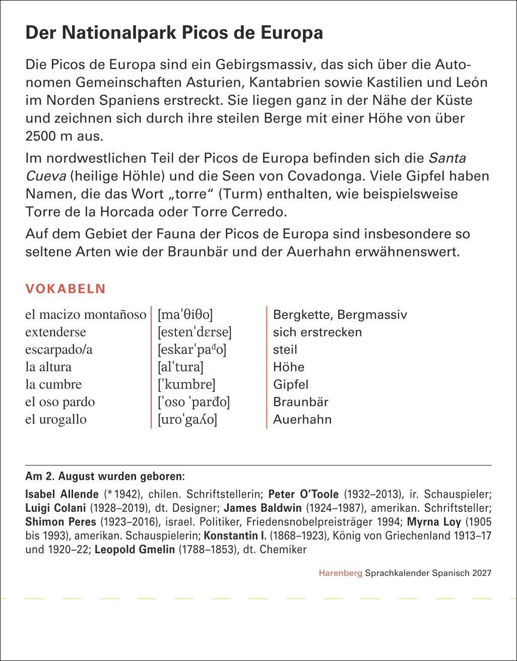 Beispielinhalt (Bild) Spanisch Sprachkalender 2027 - Spanisch lernen leicht gemacht - Tagesabreißkalender