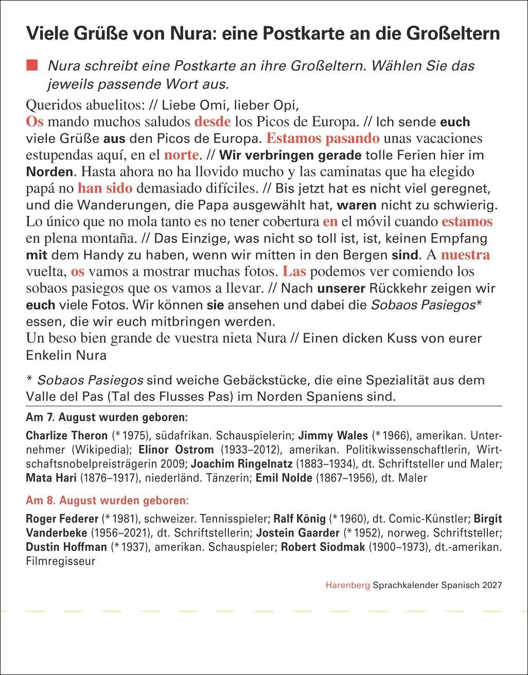 Beispielinhalt (Bild) Spanisch Sprachkalender 2027 - Spanisch lernen leicht gemacht - Tagesabreißkalender
