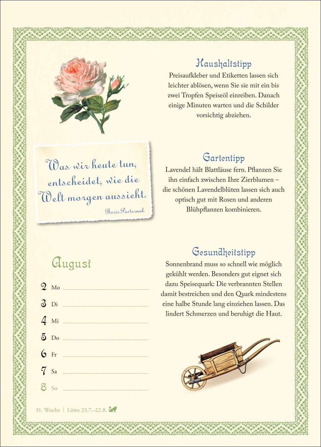 Beispielinhalt (Bild) Was Großmutter noch wusste Wochenkalender 2027 - mit Tipps für Haushalt, Gesundheit und Garten