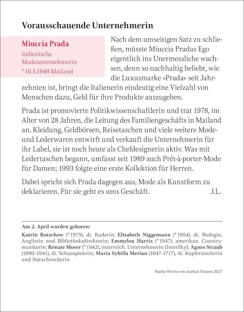 Beispielinhalt (Bild) Starke Worte von starken Frauen Tagesabreißkalender 2027