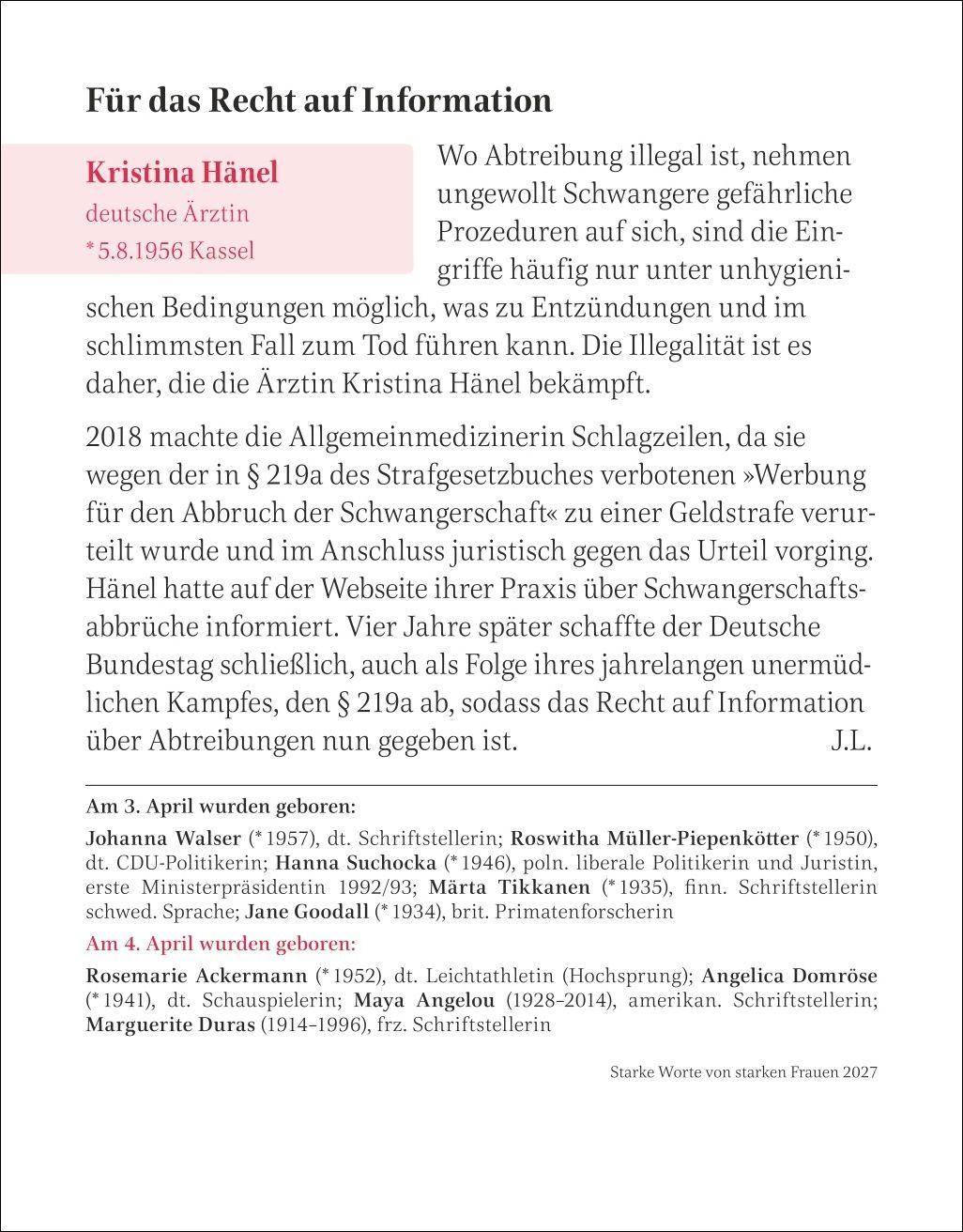 Beispielinhalt (Bild) Starke Worte von starken Frauen Tagesabreißkalender 2027