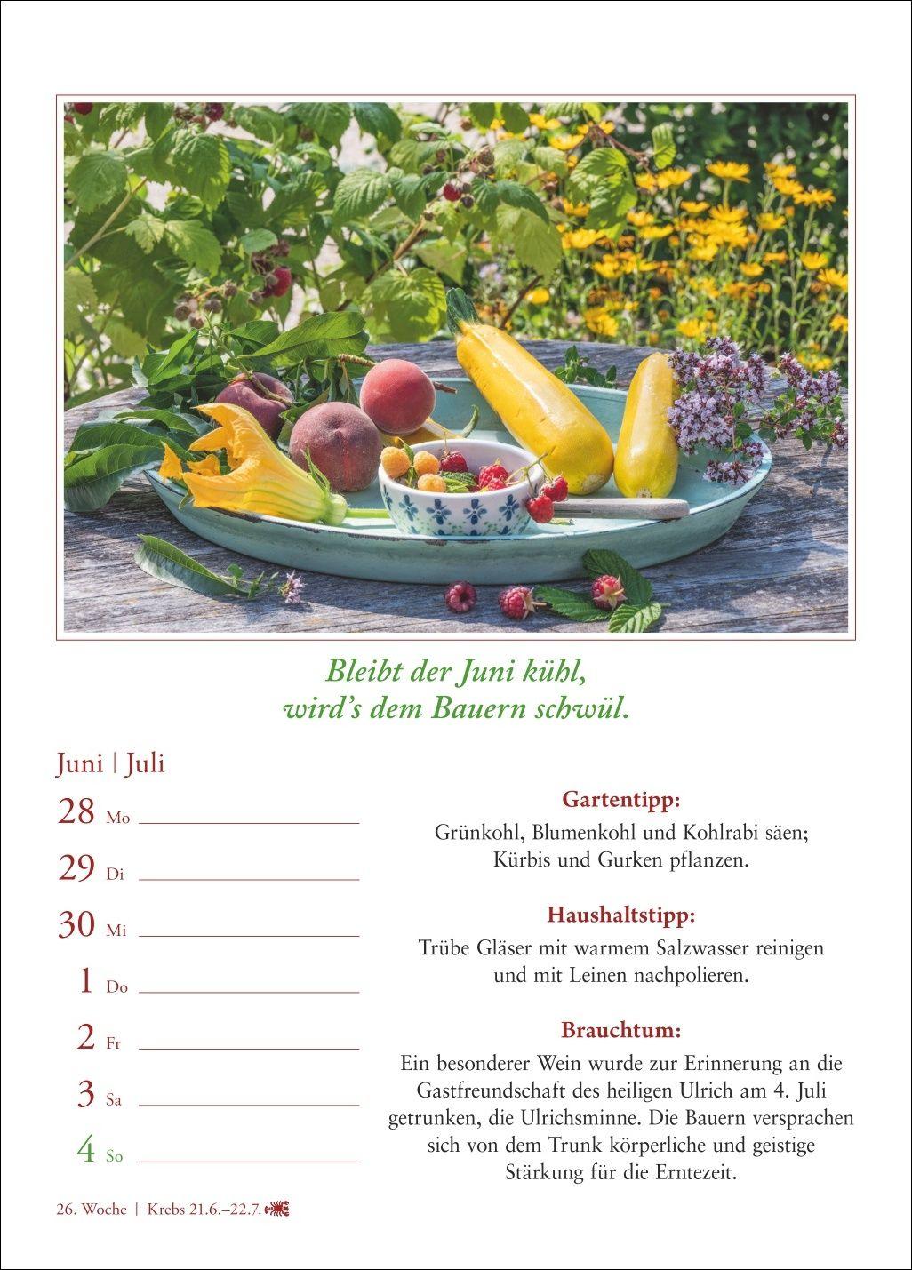 Beispielinhalt (Bild) Bauernweisheiten Wochenkalender 2027 - Bauernregeln, Brauchtum, Gartentipps, Haushaltstipps