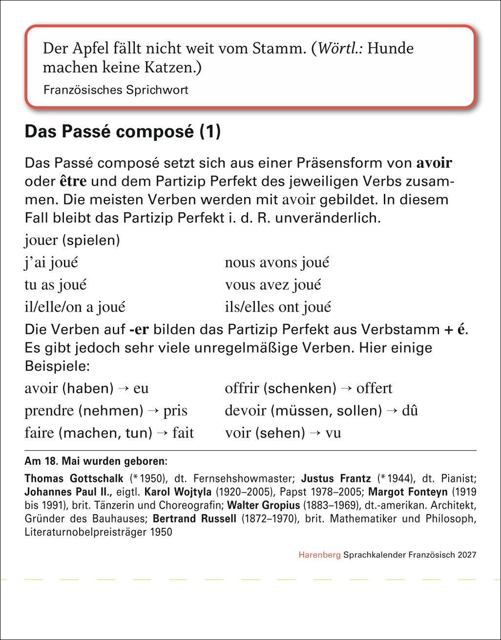 Beispielinhalt (Bild) Französisch Sprachkalender 2027 - Französisch lernen leicht gemacht - Tagesabreißkalender