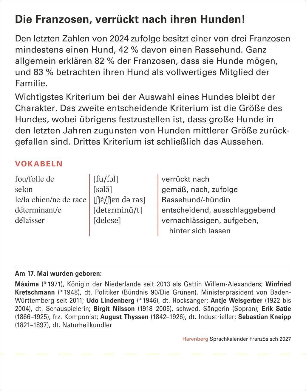 Beispielinhalt (Bild) Französisch Sprachkalender 2027 - Französisch lernen leicht gemacht - Tagesabreißkalender