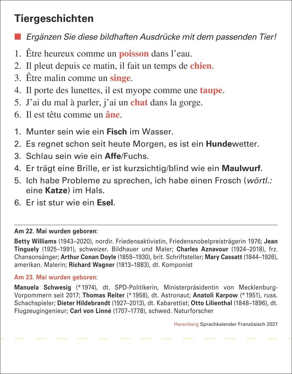 Beispielinhalt (Bild) Französisch Sprachkalender 2027 - Französisch lernen leicht gemacht - Tagesabreißkalender