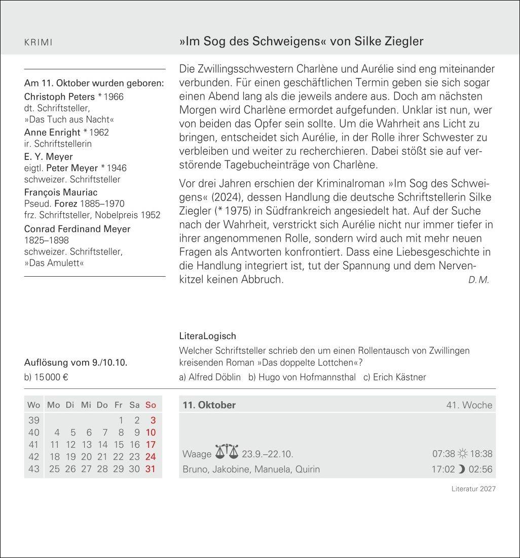 Beispielinhalt (Bild) Literatur Tagesabreißkalender 2027 - Kulturkalender - Autoren, Werke, Hörbücher