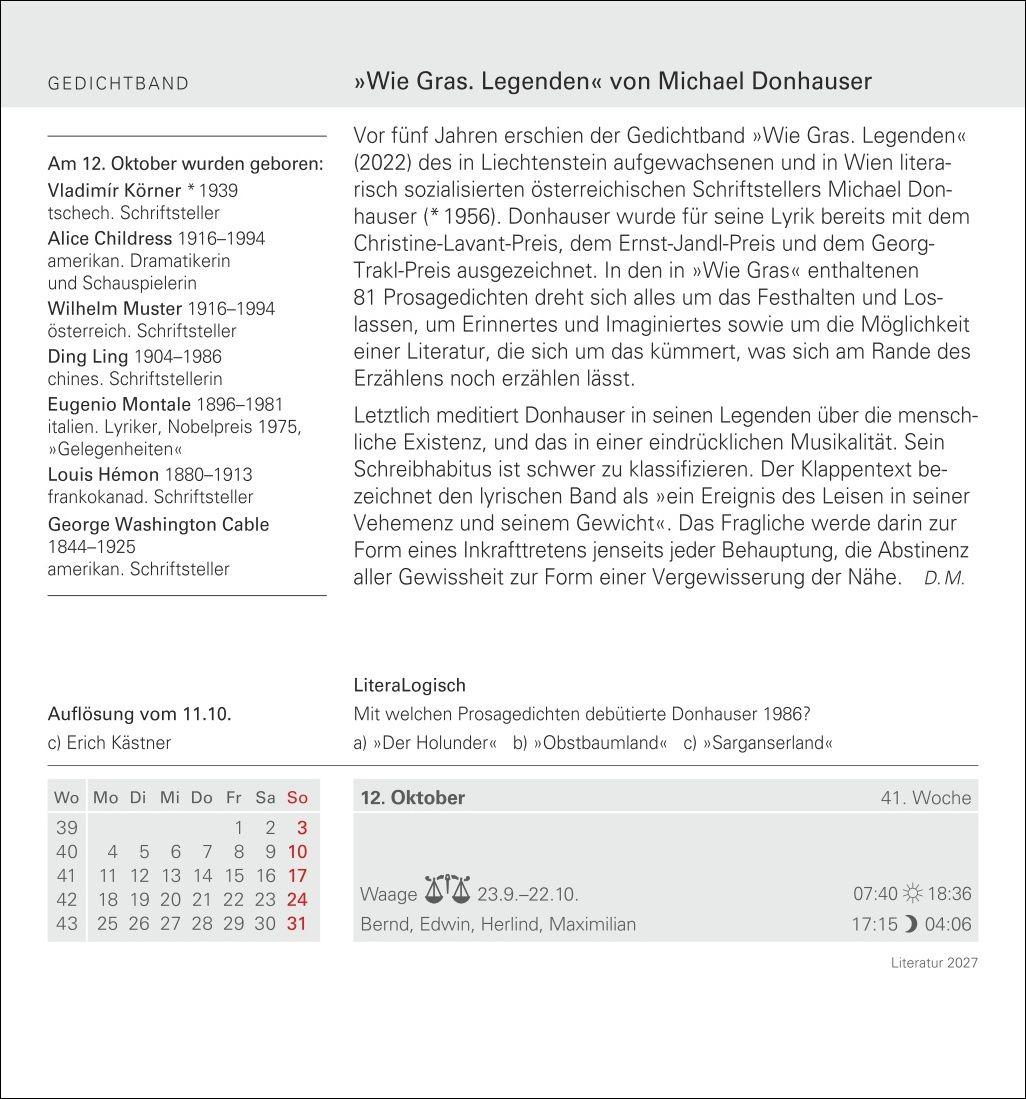 Beispielinhalt (Bild) Literatur Tagesabreißkalender 2027 - Kulturkalender - Autoren, Werke, Hörbücher