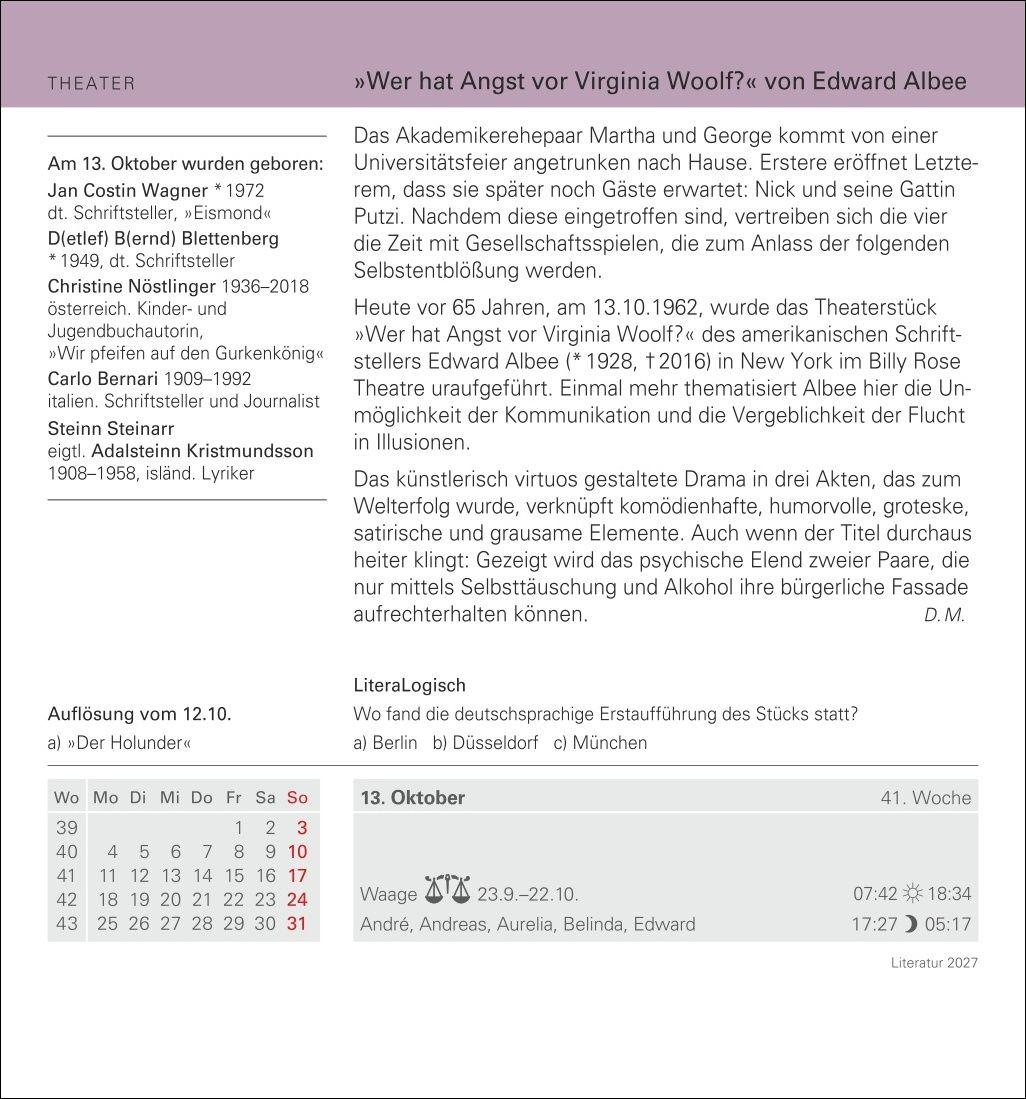 Beispielinhalt (Bild) Literatur Tagesabreißkalender 2027 - Kulturkalender - Autoren, Werke, Hörbücher