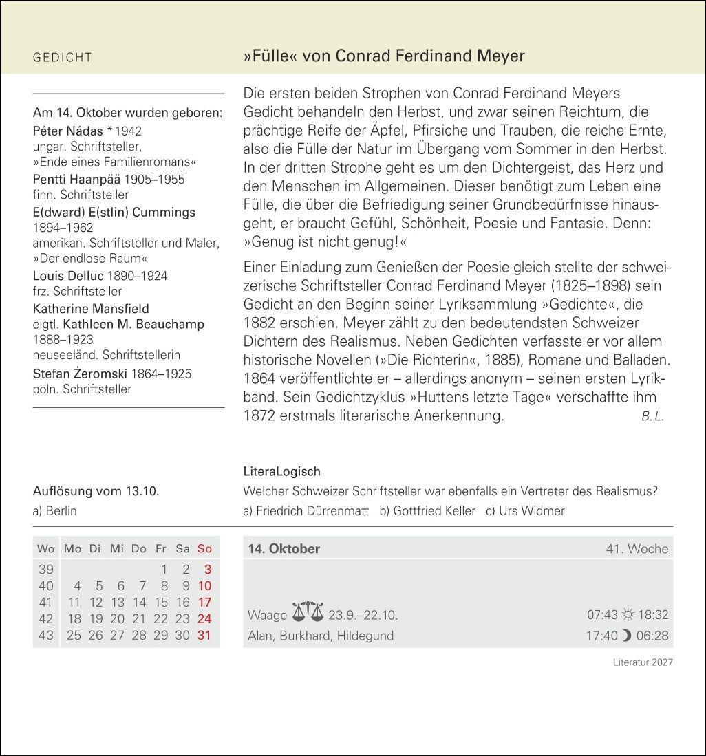 Beispielinhalt (Bild) Literatur Tagesabreißkalender 2027 - Kulturkalender - Autoren, Werke, Hörbücher