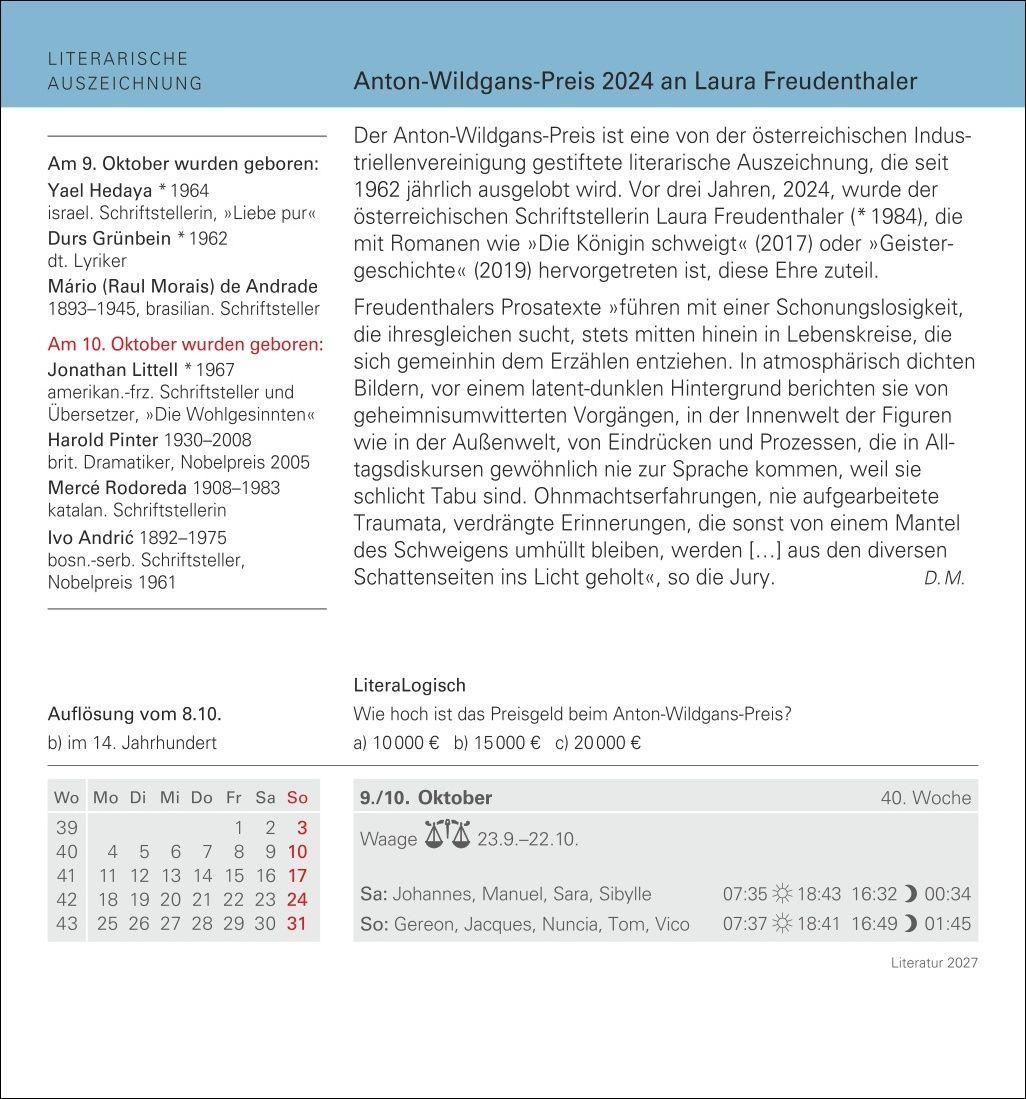 Beispielinhalt (Bild) Literatur Tagesabreißkalender 2027 - Kulturkalender - Autoren, Werke, Hörbücher