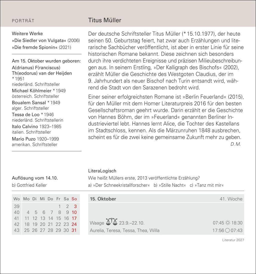 Beispielinhalt (Bild) Literatur Tagesabreißkalender 2027 - Kulturkalender - Autoren, Werke, Hörbücher