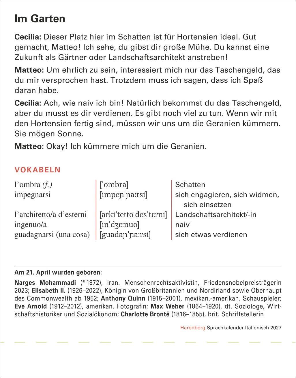 Beispielinhalt (Bild) Italienisch Sprachkalender 2027 - Italienisch lernen leicht gemacht - Tagesabreißkalender