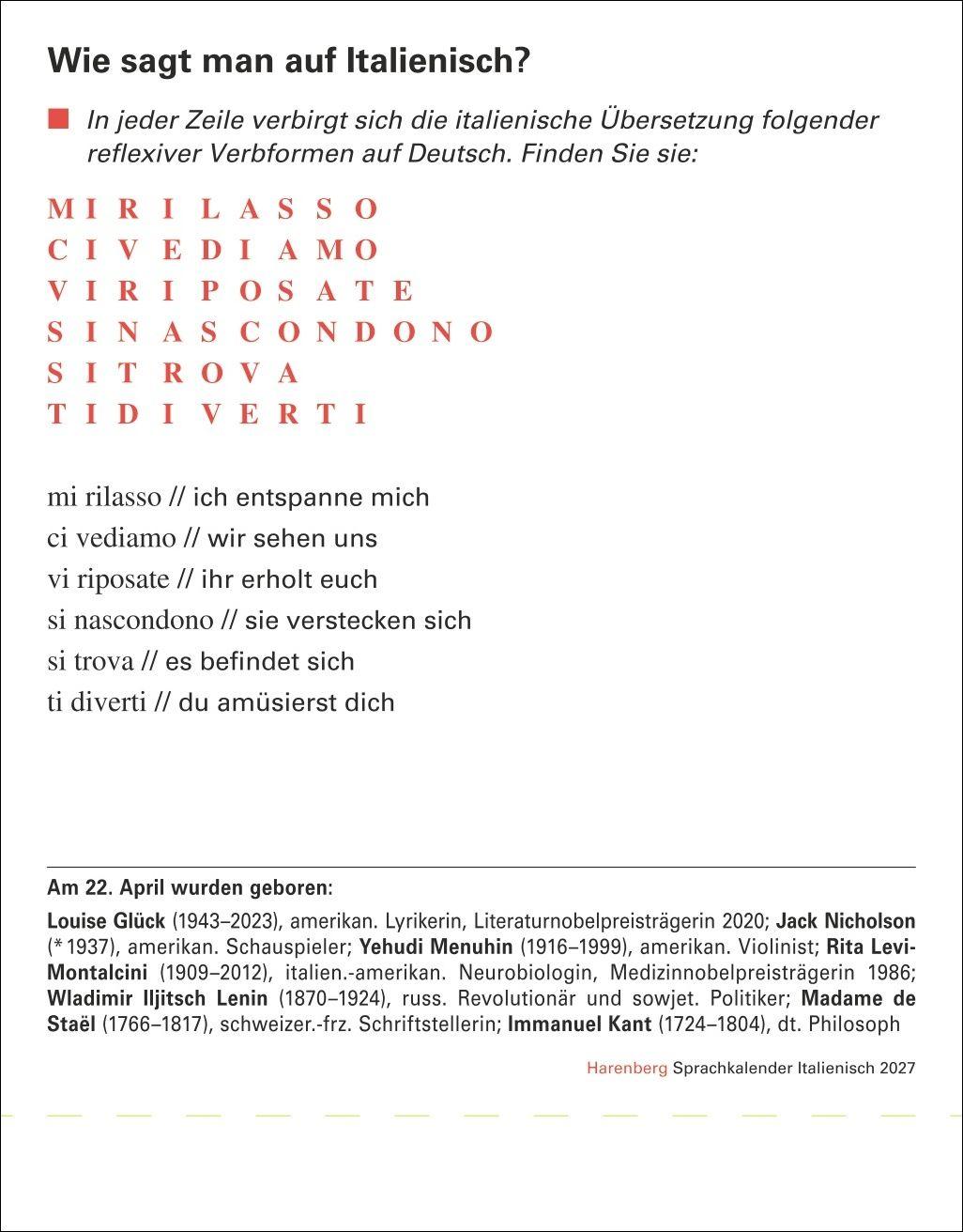 Beispielinhalt (Bild) Italienisch Sprachkalender 2027 - Italienisch lernen leicht gemacht - Tagesabreißkalender