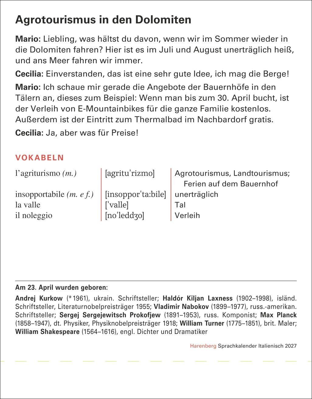 Beispielinhalt (Bild) Italienisch Sprachkalender 2027 - Italienisch lernen leicht gemacht - Tagesabreißkalender