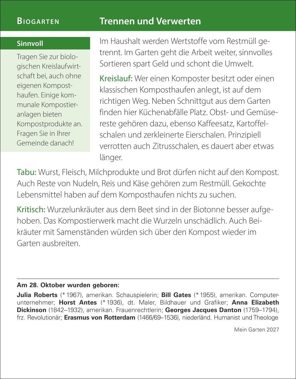 Beispielinhalt (Bild) Mein Garten Tagesabreißkalender 2027 - Praktische Tipps für 2027