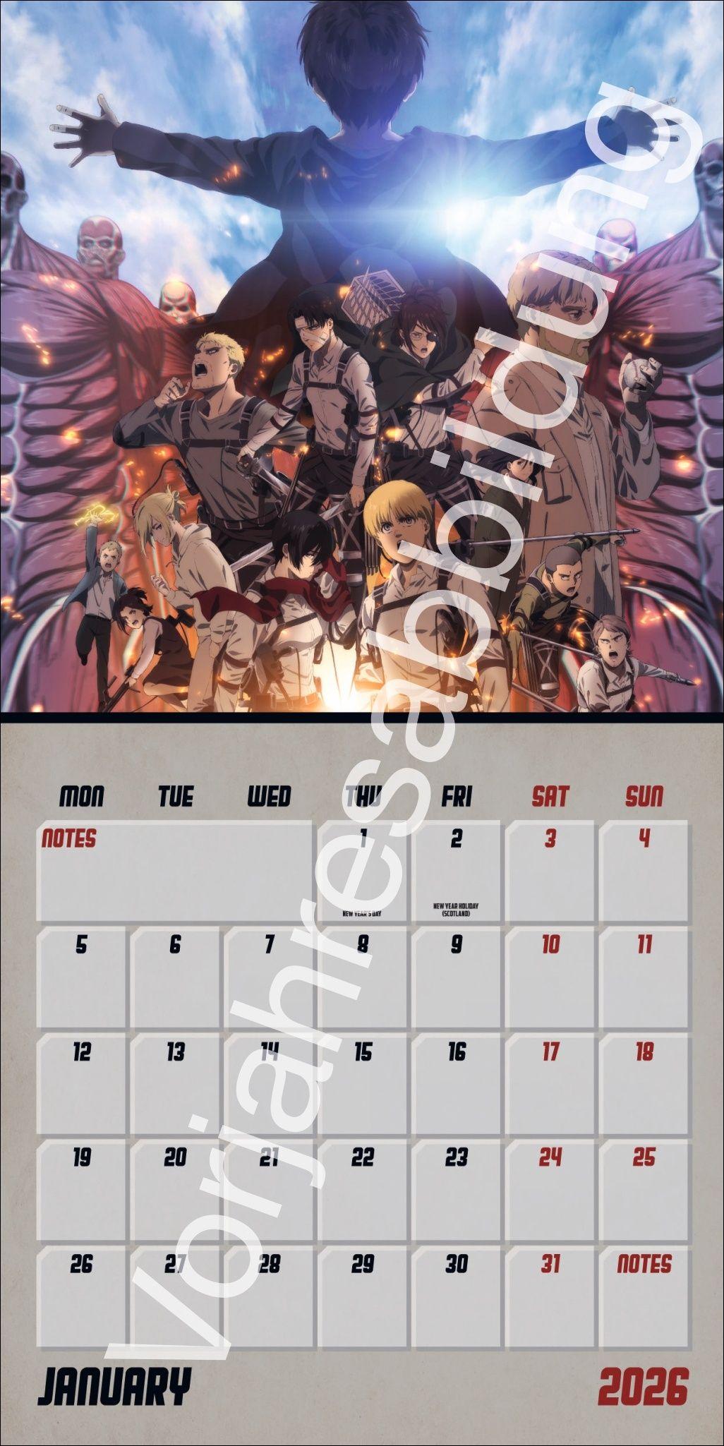Beispielinhalt (Bild) Attack on Titan Broschurkalender 2027