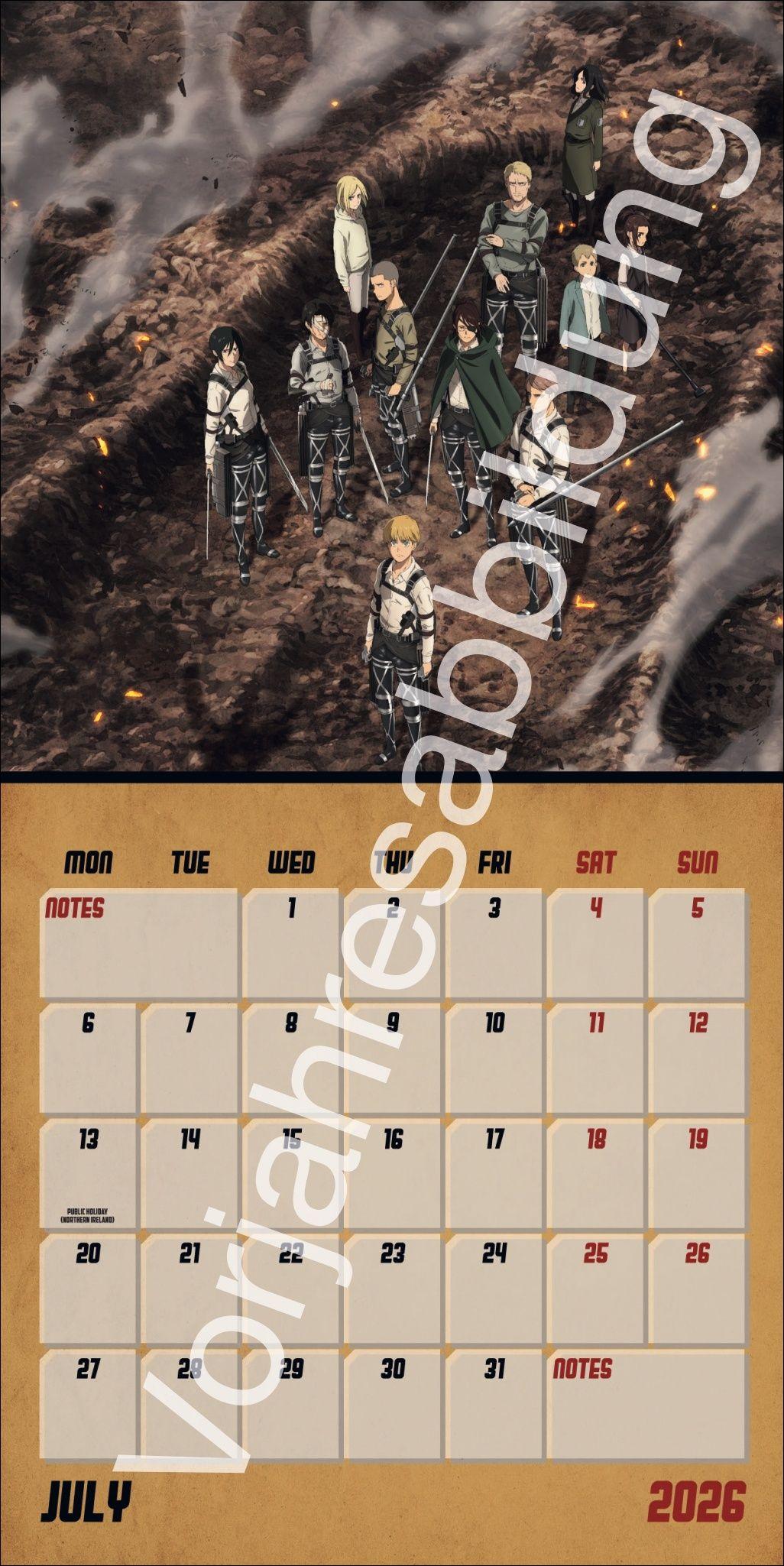Beispielinhalt (Bild) Attack on Titan Broschurkalender 2027