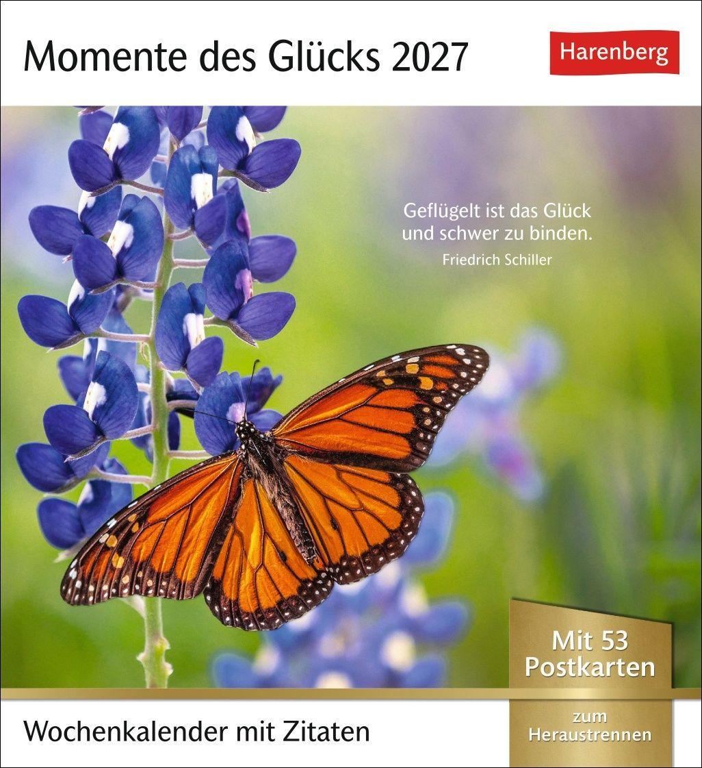 Vorderes Coverbild Momente des Glücks Postkartenkalender 2027 - Wochenkalender mit Zitaten, mit 53 Postkarten