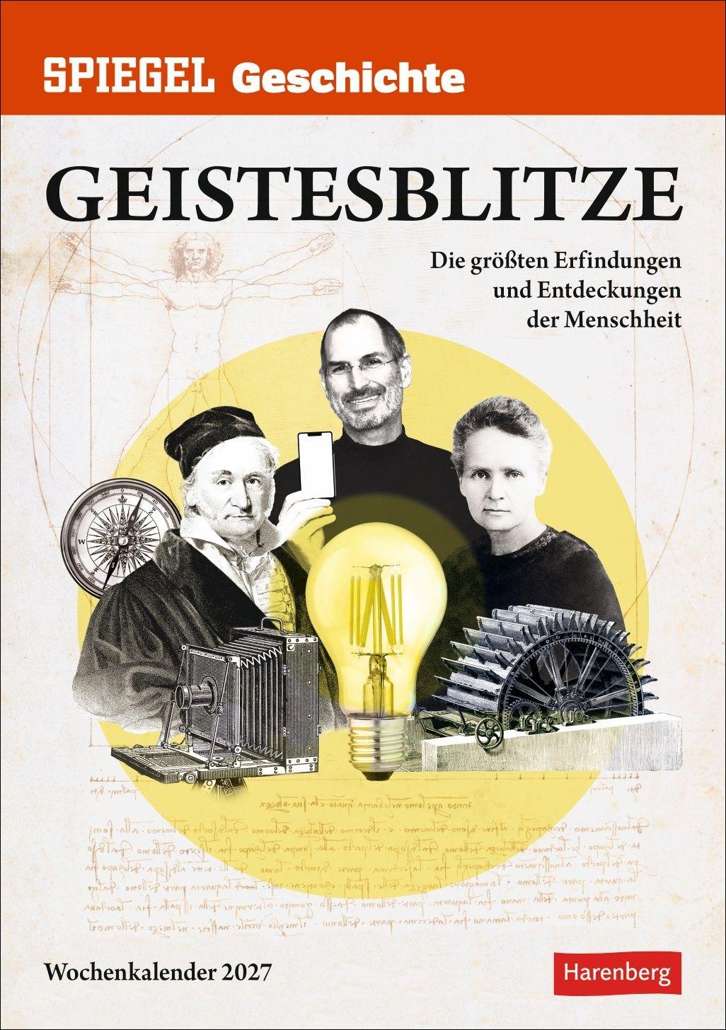 Vorderes Coverbild SPIEGEL GESCHICHTE Geistesblitze Wochen-Kulturkalender 2027 - Die größten Erfindungen und Entdeckungen der Menschheit