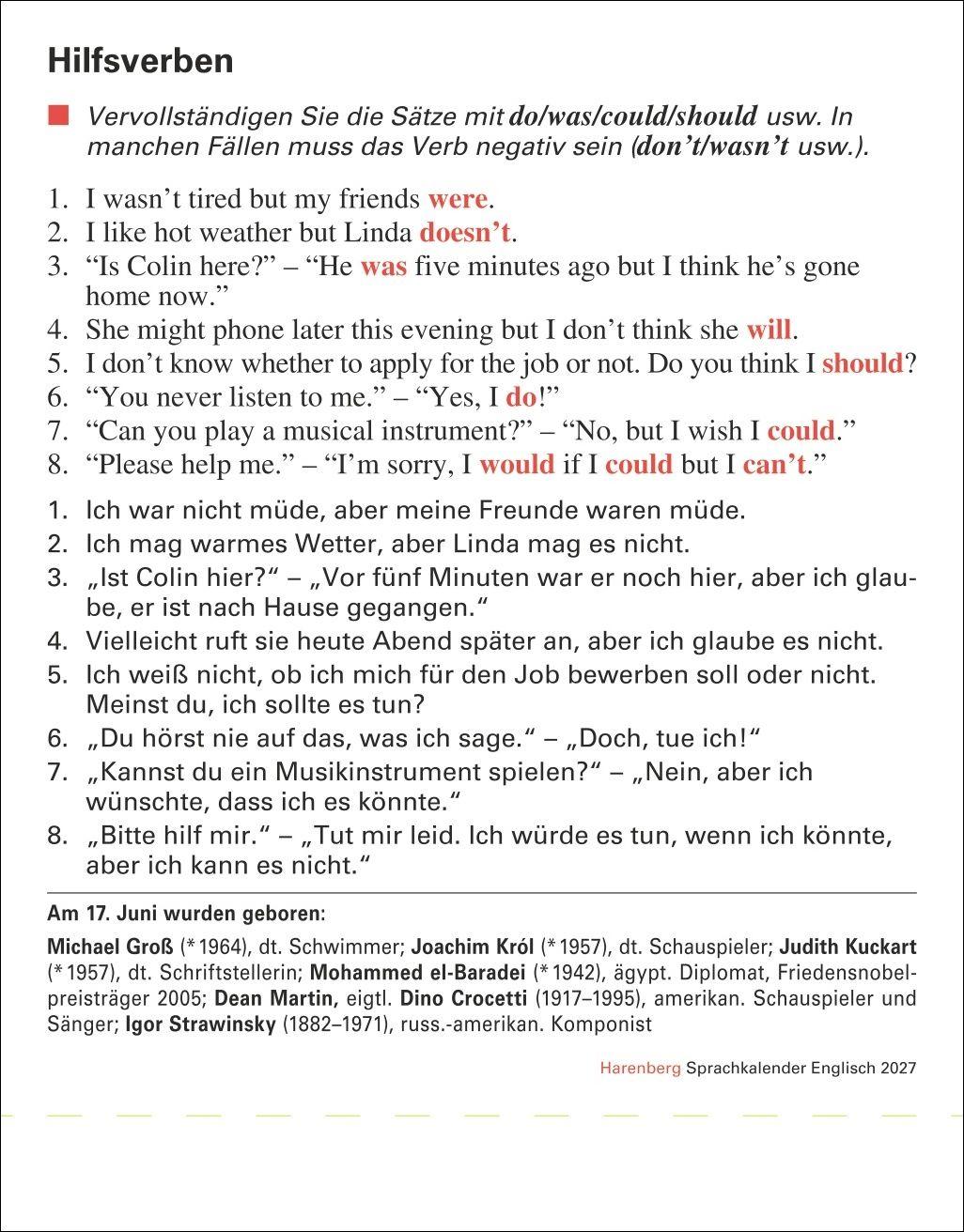 Beispielinhalt (Bild) Englisch Sprachkalender 2027 - Englisch lernen leicht gemacht - Tagesabreißkalender