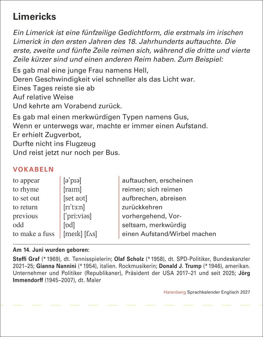 Beispielinhalt (Bild) Englisch Sprachkalender 2027 - Englisch lernen leicht gemacht - Tagesabreißkalender