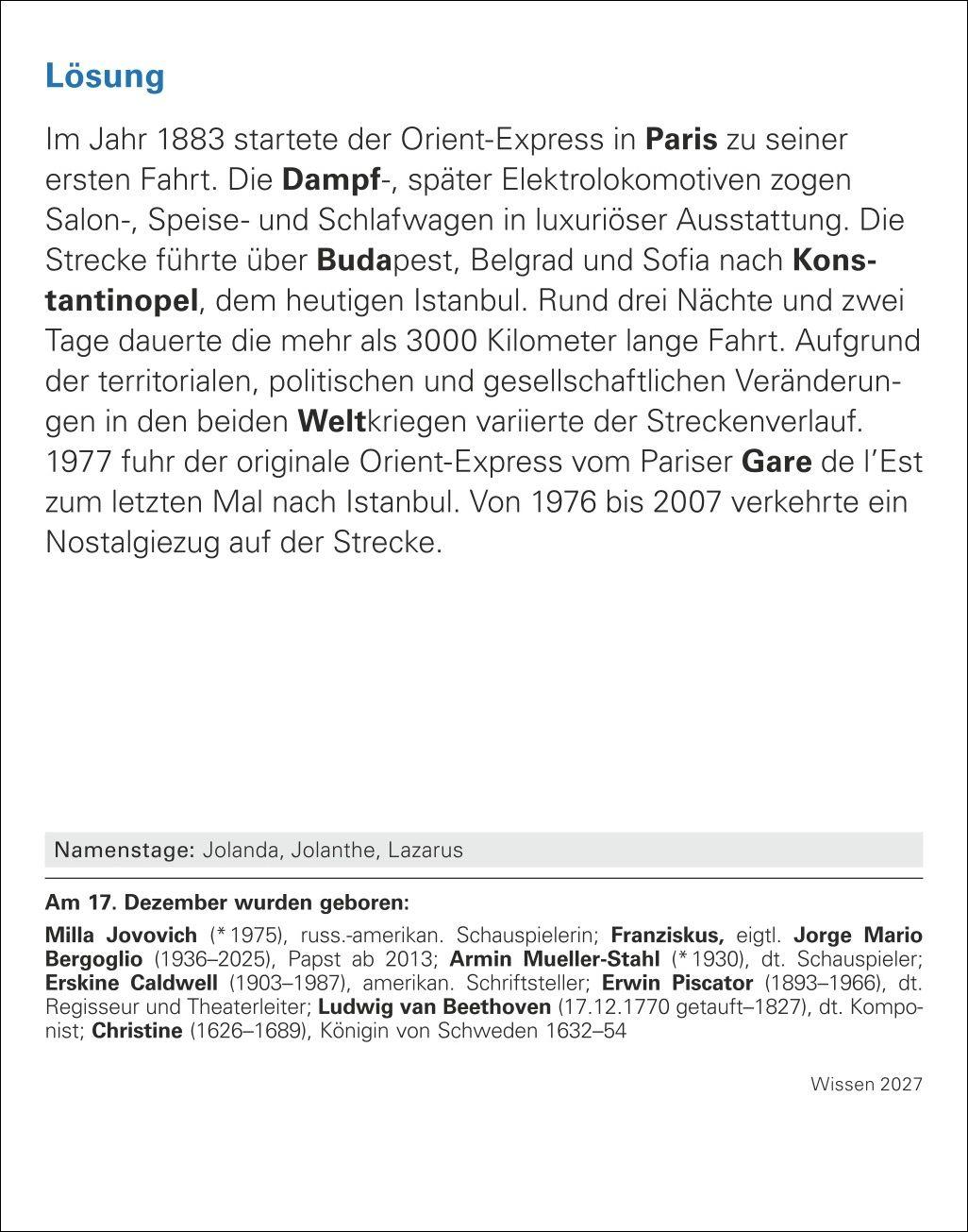 Beispielinhalt (Bild) Wissen Tagesabreißkalender 2027 - Quizfragen aus Geschichte, Politik, Kultur, Technik und Sport