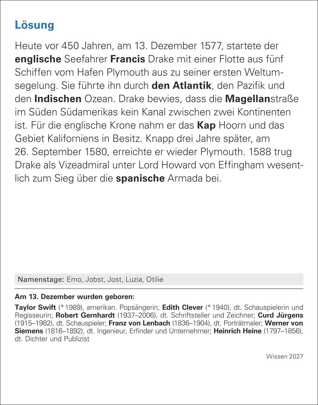 Beispielinhalt (Bild) Wissen Tagesabreißkalender 2027 - Quizfragen aus Geschichte, Politik, Kultur, Technik und Sport