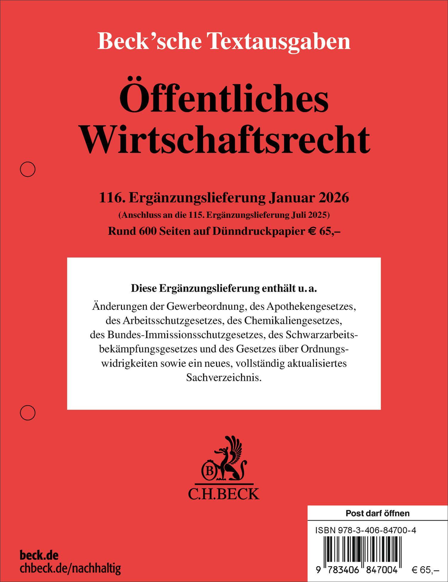 Vorderes Coverbild Öffentliches Wirtschaftsrecht  116. Ergänzungslieferung