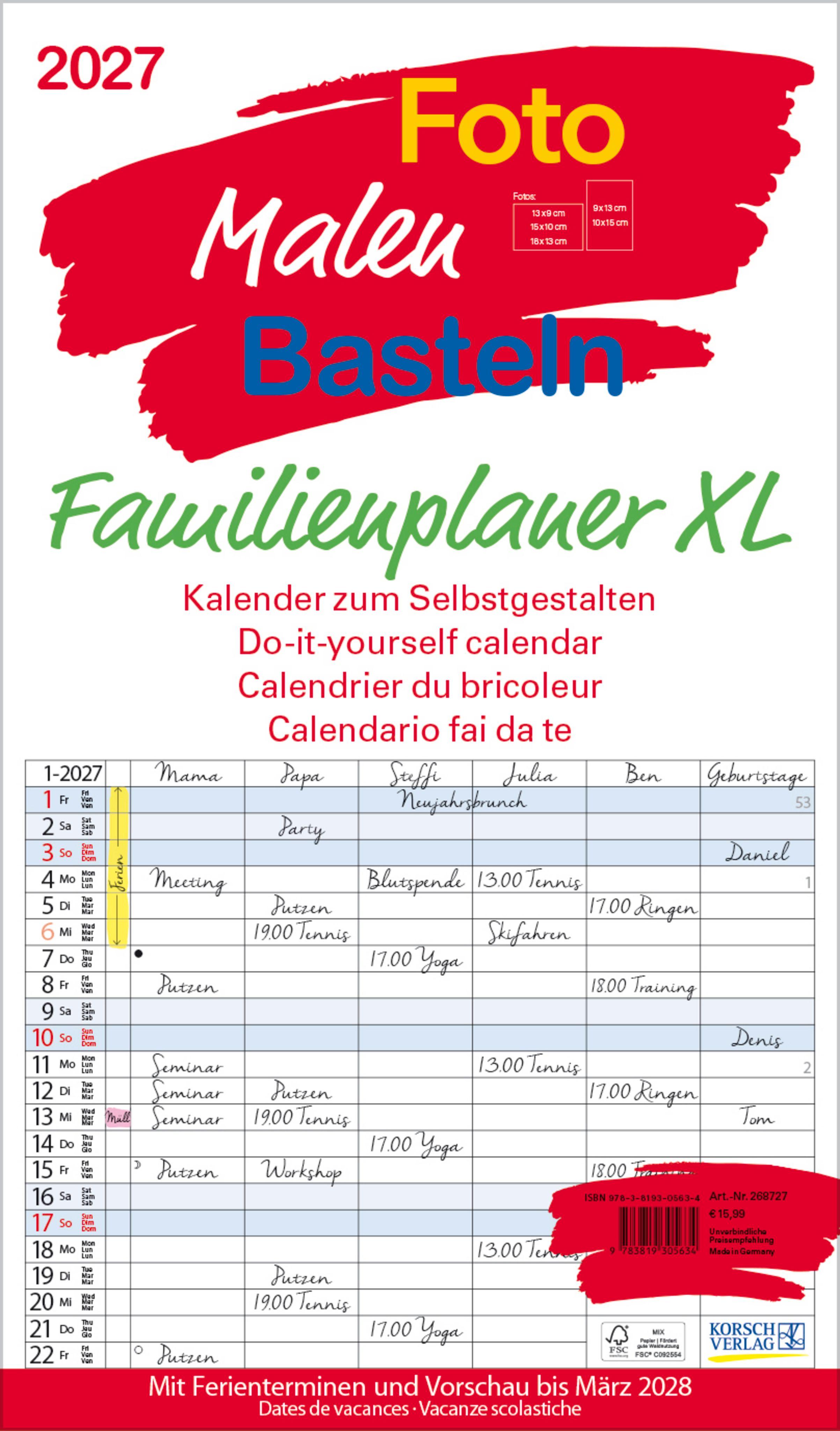 Vorderes Coverbild Foto-Malen-Basteln Familienplaner XL 2027