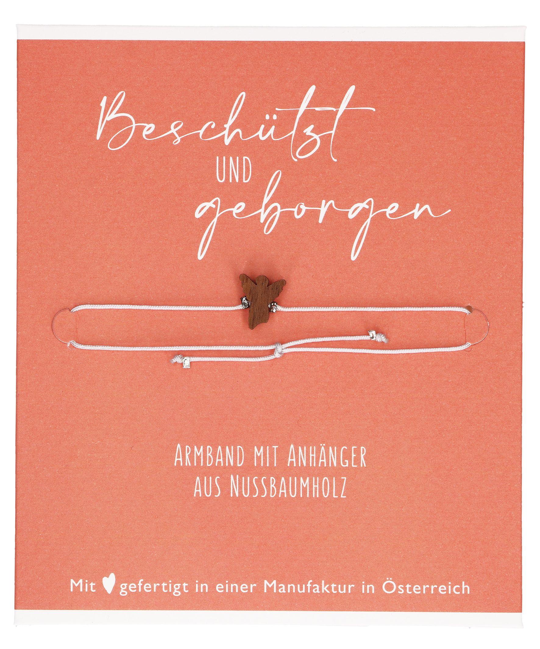 Vorderes Coverbild Hellgraues Textil-Armband mit Engel-Anhänger aus Nussbaumholz: Beschützt und Geborgen