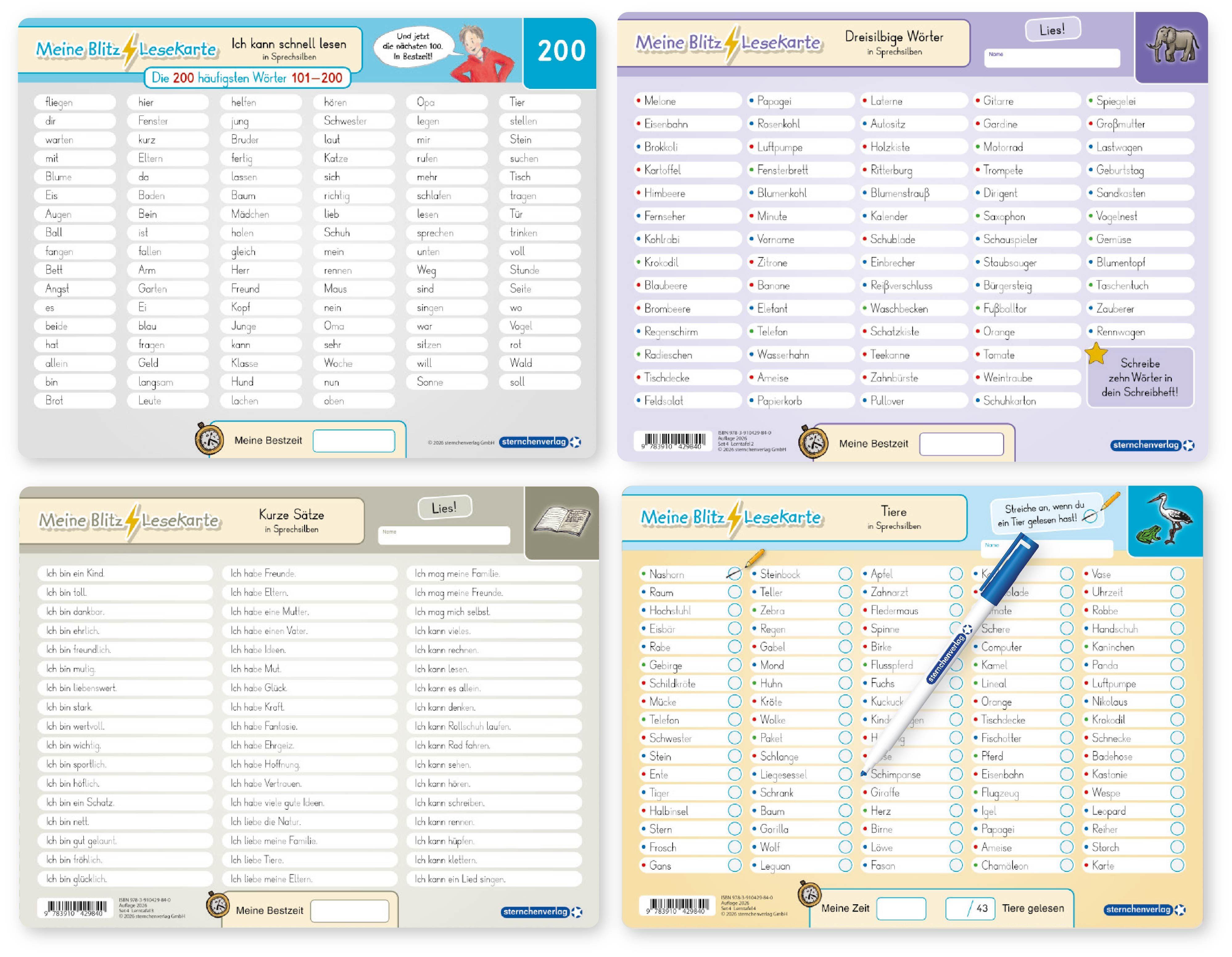 Vorderes Coverbild Meine Blitzlesekarten Set 4 zur Leseförderung (4 Lerntafeln mit Stift)